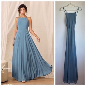 Lulus Women's Mythical Kind of Love Slate Blue Maxi Dress Cross Back Backless S
